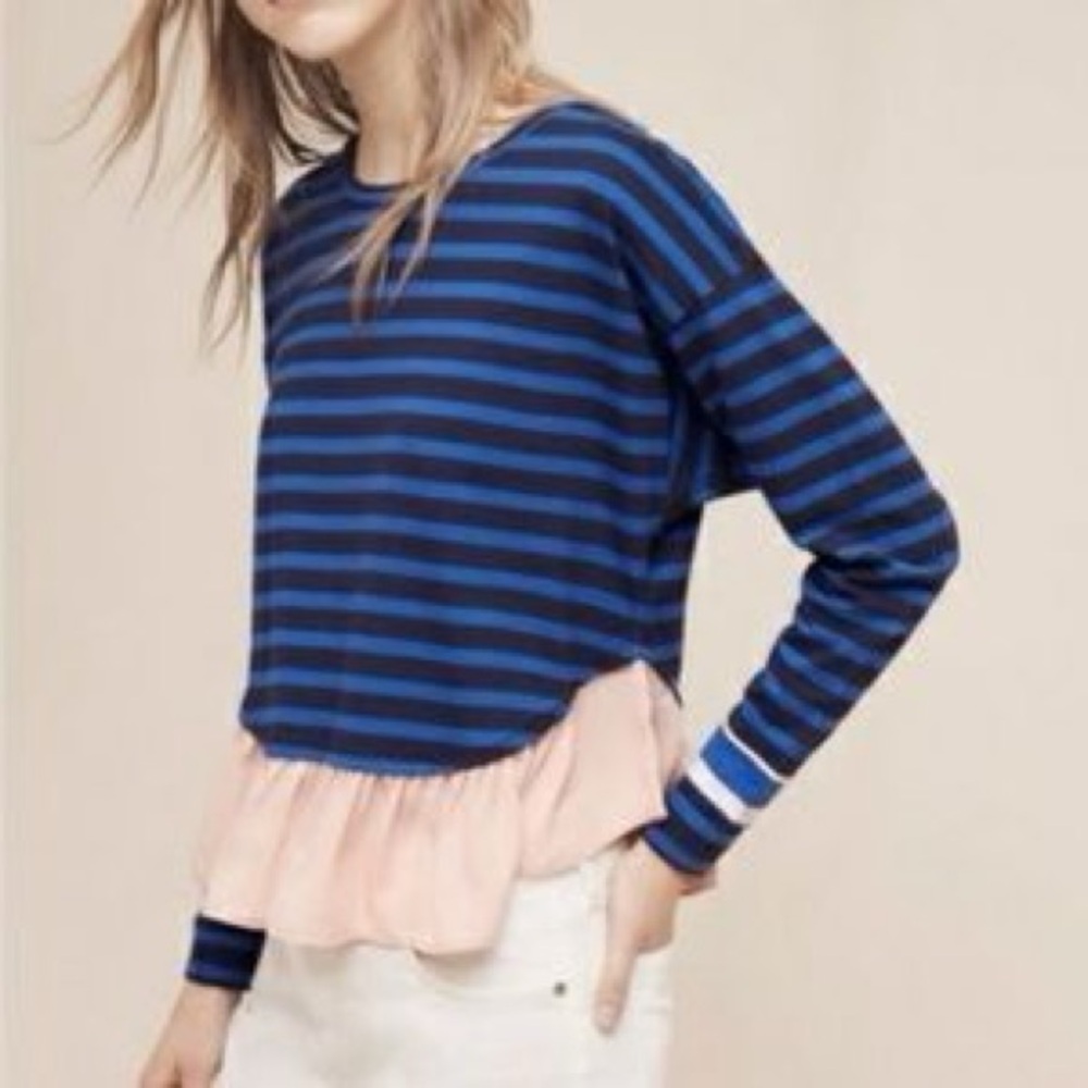 Deletta Navy Blue Stripe Long Sleeve Ruffle Hem Top Women’s Medium